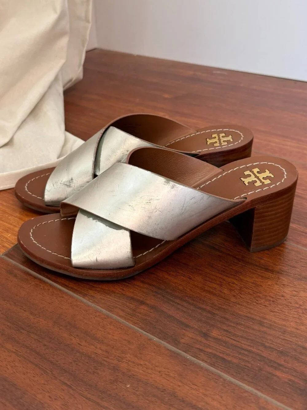 Tory Burch Montrose Stacked Block Heel in Silver size 7